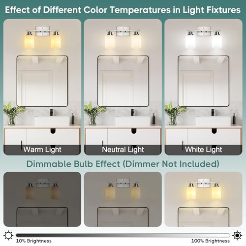 Image of Ascher Bathroom Light Fixtures, 2-Light Vanity Light Over Mirror, Brushed Nickel Wall Sconces with Milky White Frosted Glass Shades, Wall Lamp for Living Room Bedroom, E26 Base(Bulbs Not Included)