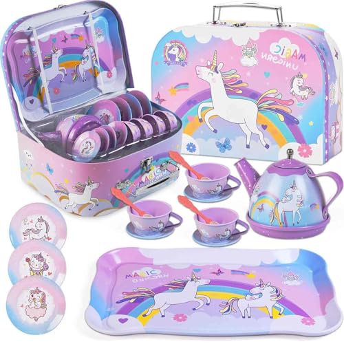 Kickidz Unicorn Gifts Tea Party Set for Little Girls Gift for Age 3 4 5 6 Year Old Princess Tea Set Toys for Little Girls Kids Kitchen Pretend Toy with Tin Tea Set (Unicorn Theme)