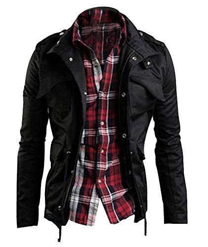 Zicac Men's Casual Military Jacket Zip Button Long Sleeves Cotton Coat Windbreaker(XL,Black)
