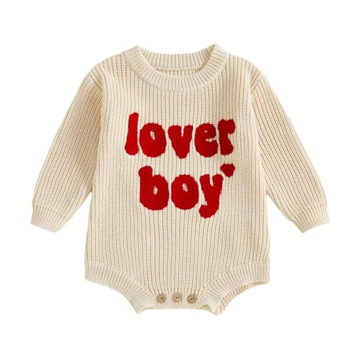 Lesimsam Newborn Baby Boy Valentines Day Outfit Lover Boy Embroidery Knit Sweater Romper Long Sleeve Bubble Bodysuit (A-Beige 0-3 Months)