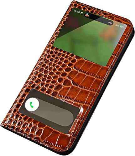 Étui en cuir véritable pour iPhone 14 avec fenêtre et support à rabat