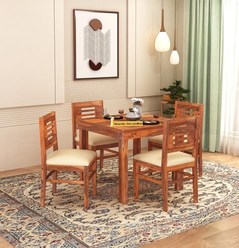Image of MAMTA DECORATION Solid Sheesham Wood 4 Seater Dining Table Set | Four Seater Dinner Table with 4 Cushions Chairs | Dinning Table Set 4 Seater for Living Room, Hotels & Restaurant, Honey Finish