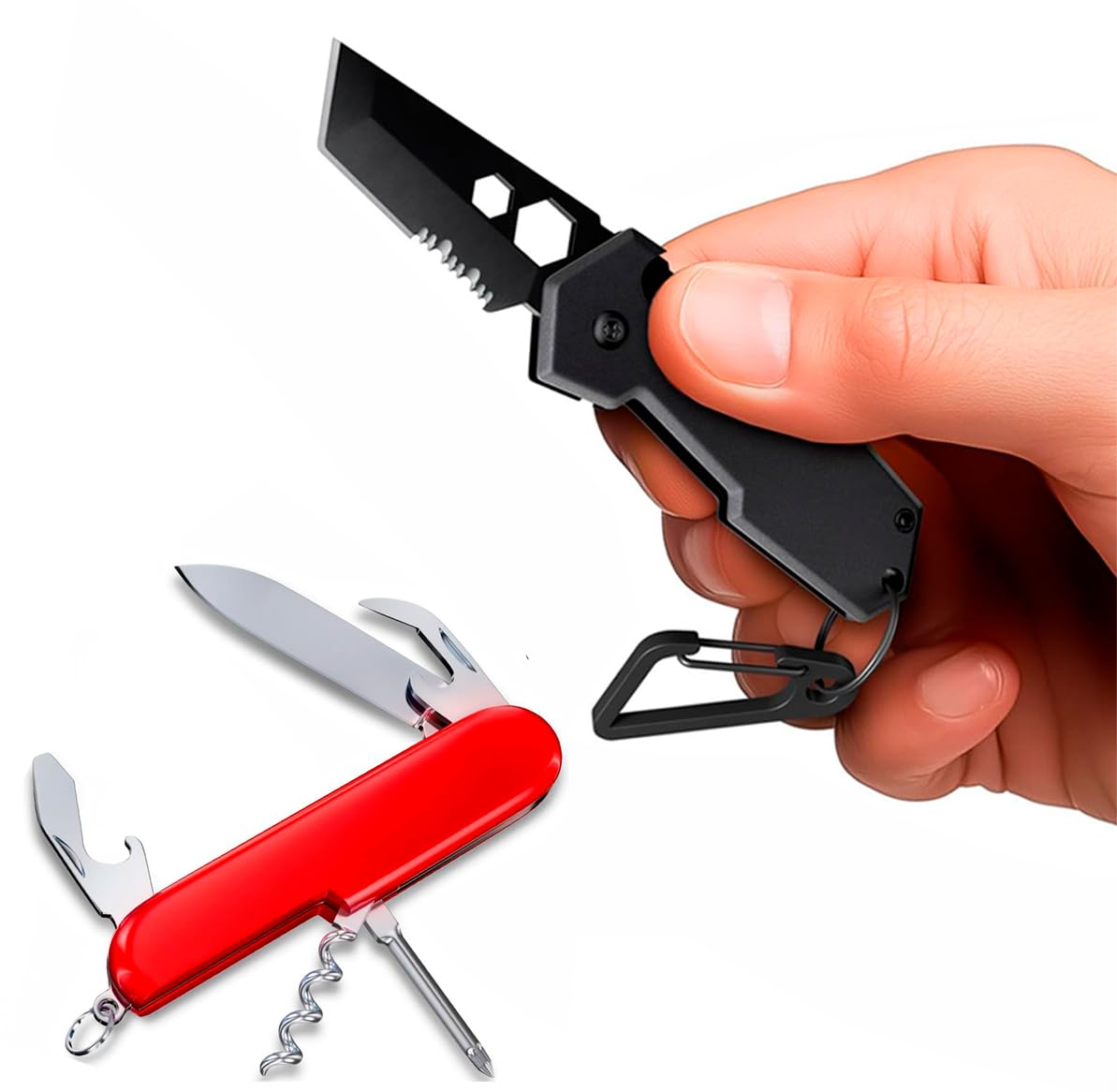 Mini Keychain Knife with Carabiner - 2" Tanto Serrated Blade - Black Multitool with Bottle Opener - Box Cutter - Liner Lock - Multi Function Mini Knife - Best Keychain Accessories