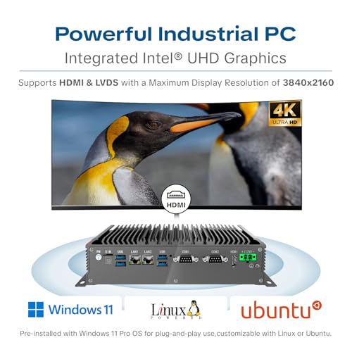 Image of Industrial PC Fanless Mini PC,Windows 11 Pro,Intel Core i5-1235U,64GB DDR4 RAM,2TB SSD,WiFi /BT,4K HDMI,LANx2,4xRS232,2xRS485,6xUSB,GPIO,LVDS,TPM2.0,Industrial Computer Support Power On Auto