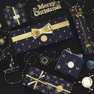 Vicor 10 Sheets Christmas Wrapping Paper,70x50CM(27.5x19.7 inch) Blue and Gold Wrapping Paper with 6 Different Patterns,Recyclable Wrapping Paper for Christmas