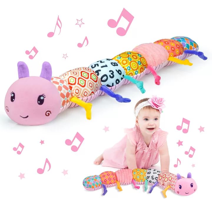 Image of Baby Infant Musical Toy Soft Stuffed Animal Toy with Multi Textures,Rattle,Crinkle,Newborn Baby Toy for 0 3 6 9 12 Months Girls Boy Gift,Caterpillar,Pink