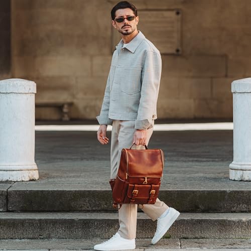 Image of Time Resistance Leather Backpack - Laptop Travel Bag Rucksack up to 15 inch - Bag for Men and Women (Cognac Brown)