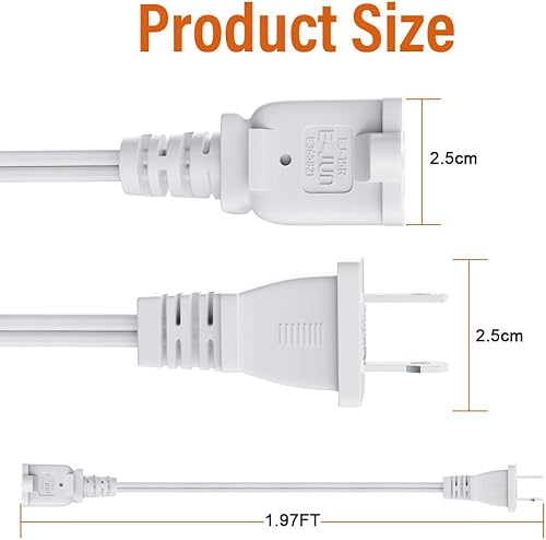 Miniatura 7 de Cable de alimentación de CA, (2.0 ft), adaptador de cable de extensión de 2 clavijas de 125 V 10 A, salida de EE. UU., enchufe macho de 2 clavijas a
