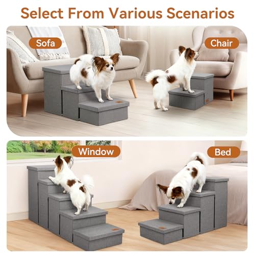 Image of Zerbuger Dog Stairs 18 inch H, 3-Step Wider Dog Steps for High Beds Couch, Folding Storage Pet Stairs Gift for Small /Medium /Large Old Dogs Cats, Ramp for Climbing Car Up to 200 lbs, (Gray, with Condo)