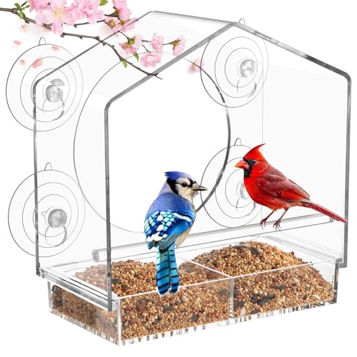 Jarkyfine Clear Window Bird Feeder with Slide-Out Removable Tray - 4 Strong 2.36 Inch Suction Cups Acrylic House - See-Through Window Feeders for Outside - Bird Watching for Mom, Cats & Elders by Jarkyfine - Used condition - US$17.29