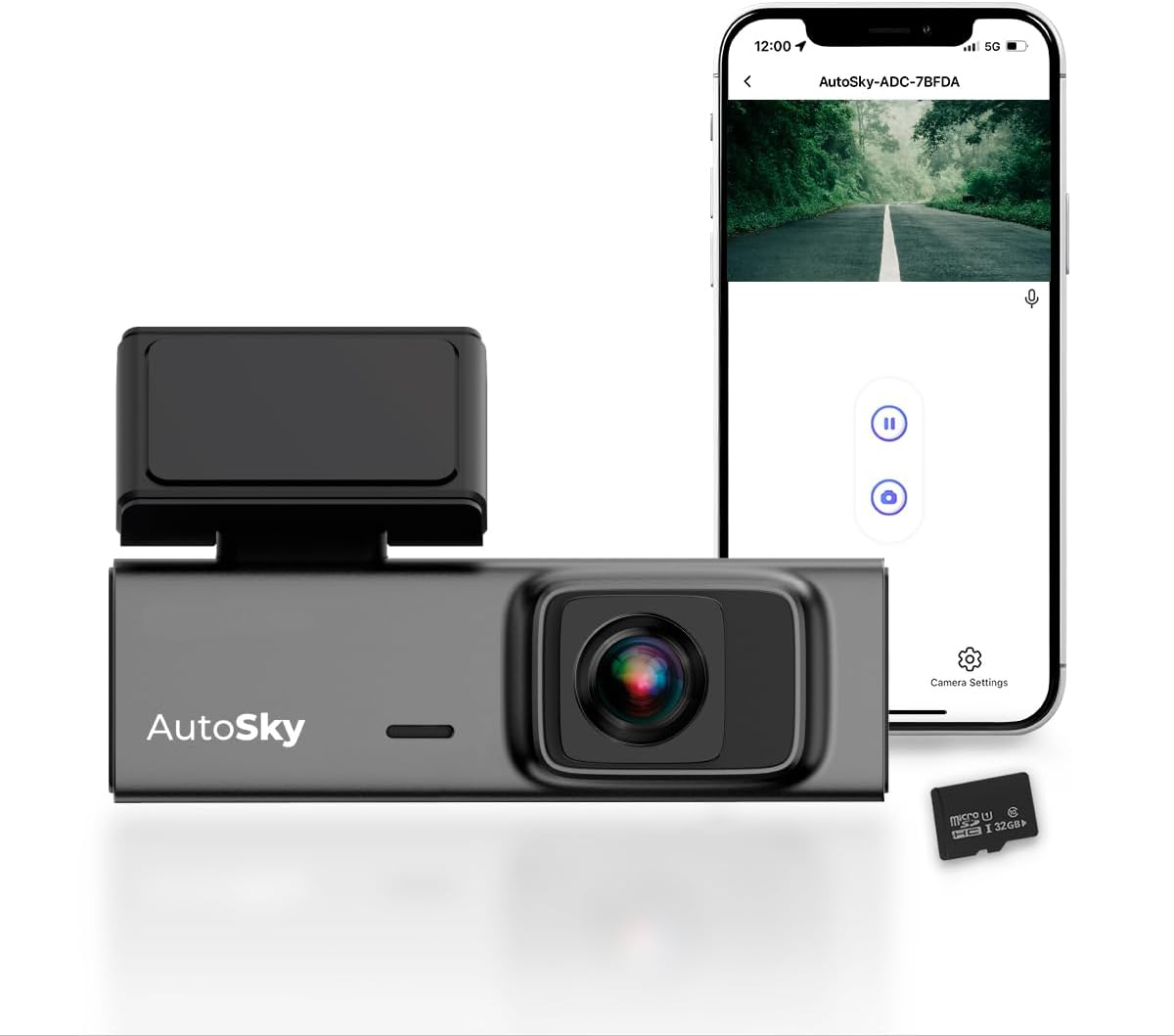 AutoSky ADC-201 Dash Cam, showing the camera unit, a smartphone displaying the app interface, and a microSD card.