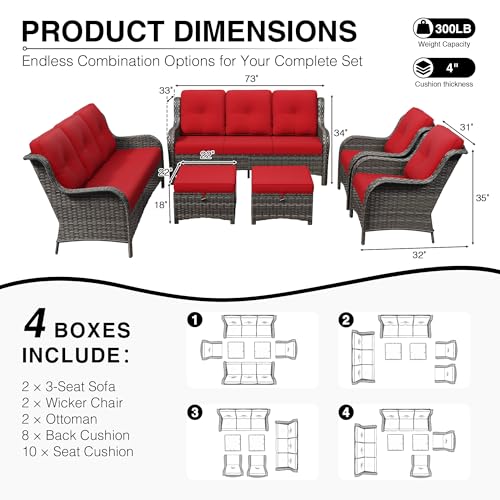 Image of Joyside 6 Piece Wicker Patio Furniture Set, Rattan Patio Chairs with High Back, Deep Seating, Wide Armrest, Thickened Cushions, Outdoor Furniture for Deck, Porch Use