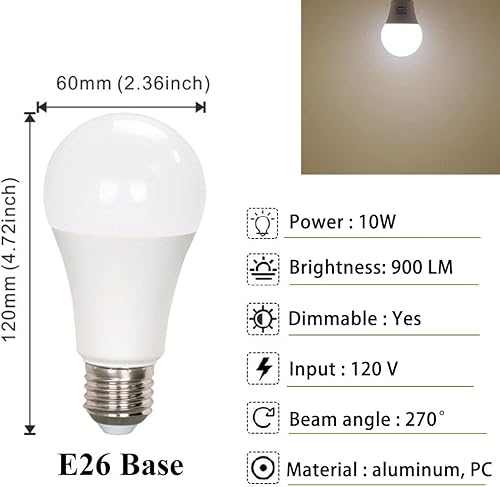 Miniatura 3 de Kapata Bombillas LED A19 equivalentes a 75 W, bombilla LED regulable, blanco brillante, 6000 K, 10 W, 900 lúmenes, base E26 (blanco luz diurna,