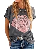 Womens Rose Graphic Tee T Shirt Loose Fit Summer Short Sleeve Casual Boyfriend Crew Neck Tops