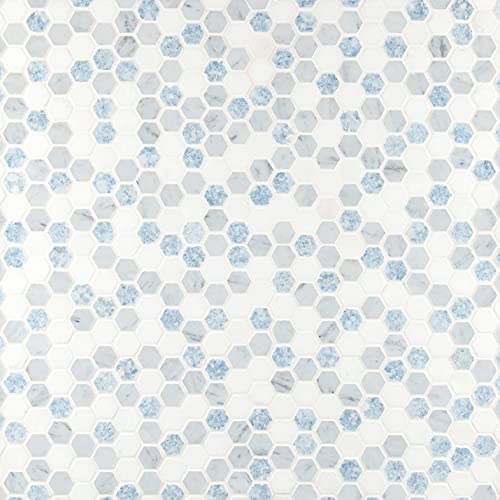 Msi Azula Hex Polished Marble Hexagon Tile For Kitchen Backsplash, Floor Tile, Wall Tile For Bathroom, Shower Wall Tile, Mesh Mounted Mosaic Tile, Azul Cool White, Sample #TOP6