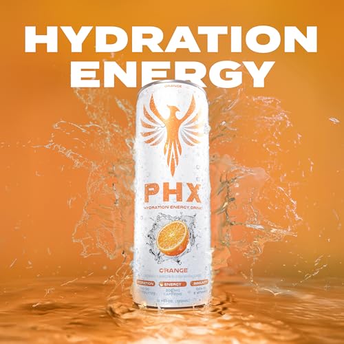 Image of PHX Hydration Energy Drink - 700mg Electrolytes, 200mg Natural Green Tea Caffeine, 100% Daily Value 8 Essential Vitamins - 12 oz Cans (12 Pack, Orange)