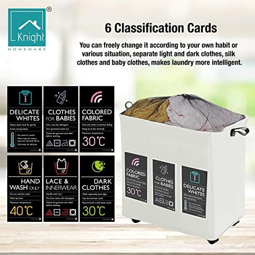 KNIGHT Light Weight Laundry Basket 120L Collapsible Laundry Bag with Wheels Mesh Cover & Handles 3 Separate Sections | Folding Portable Washing | Storage Bin Durable Fabric |Washing (Ivory)