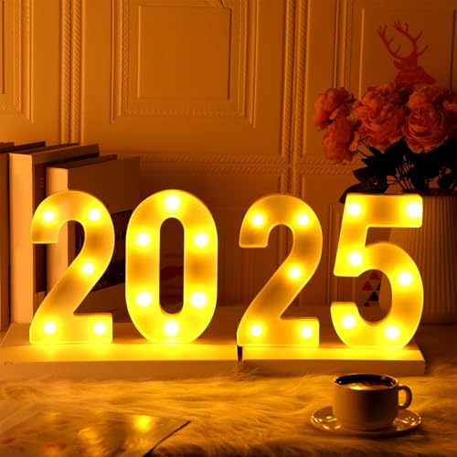 Coume LED Light up Number 2025, Graduation Decorative Number LED Marquee Sign Battery Operated for Night Light Wedding Birthday Party(White)