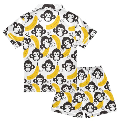 Monkey Face Banana Summer Satin Pajama Set, Cute Button-Down Sleepwear Pj Set for Sleep Wears2