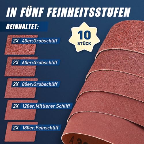 SI FANG Schleifbänder 75x533, 10 Teile Schleifband，Körnung 40/60/80/120/180 mit Bandschleifer,Polieren Metall,Holz