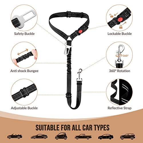 Image of SlowTon Dog Seat Belt for Car, 2 Pack Dog Car Harness Seatbelt with Bungee | 2 in 1 Pet Car Leash Headrest Restraint & Dog Safety Tether Clip, Adjustable with Elastic Buffer, Reflective, Black S