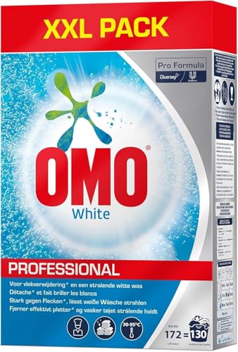 Omo Professional Detergente en polvo blanco para ropa blanca brillante y alta potencia de eliminación de manchas, para 130 lavados