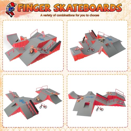 Tlater Mini Finger Skateboard Park Kits, 14-in-1 Finger Skateboard Ramp Set mit 14 Rampen, 8 Fingerboards, 1 Finger Bike, DIY Fingerspielzeug Lernspielzeug Geschenke für Kinder