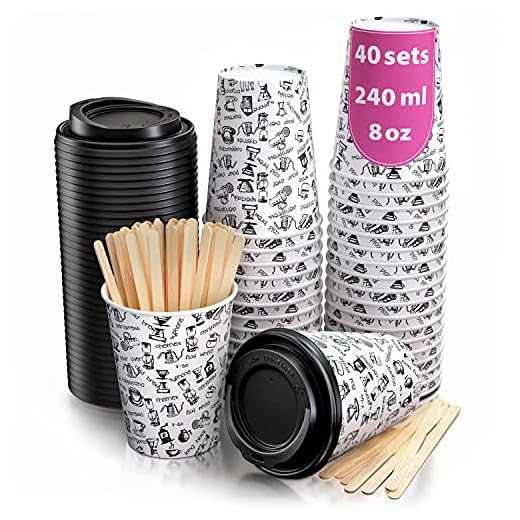 40 Vasos Desechables de Café para Llevar - Vasos Carton 240 ml con Tapas y Agitadores de Madera para Servir el Café, el Té, Bebidas Calientes y Frías