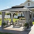 YITAHOME White Gazebo Hardtop 10x12ft Double Roof Aluminum Frame Galvanized Outdoor Gazebo with Netting and Shaded Curtains Garden Tent for Patio, Backyard, Deck and Lawns, Grey Curtain