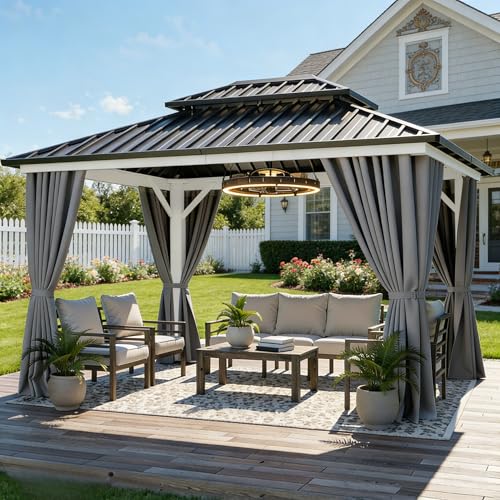 YITAHOME White Gazebo Hardtop 10x12ft Double Roof Aluminum Frame Galvanized Outdoor Gazebo with Netting and Shaded Curtains Garden Tent for Patio, Backyard, Deck and Lawns, Grey Curtain