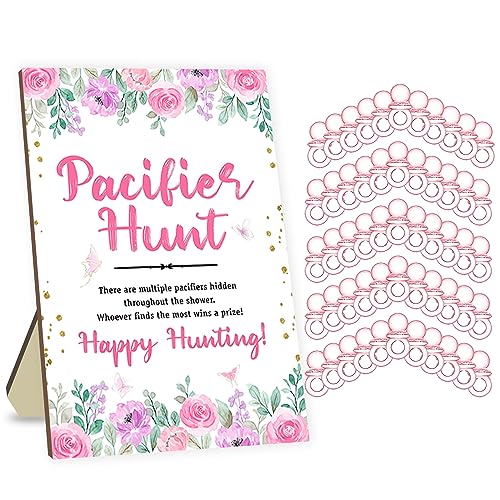 Image of Azbuk Rose Baby Pacifier Hunt Game, Baby Shower Games Set, 50 Pcs Pink Mini Acrylic Pacifiers with Baby Shower Wooden Pacifier Hunt Sign Board Baby Shower Game