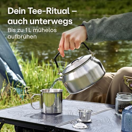Praknu Camping Wasserkocher Set 1L Edelstahl - Ohne Strom - Wasserkessel, Becher, Teesieb & Tasche - Stapelbar - Feuer, Gasherd - Hitzebeständiges Silikongriff - Spülmaschinenfest