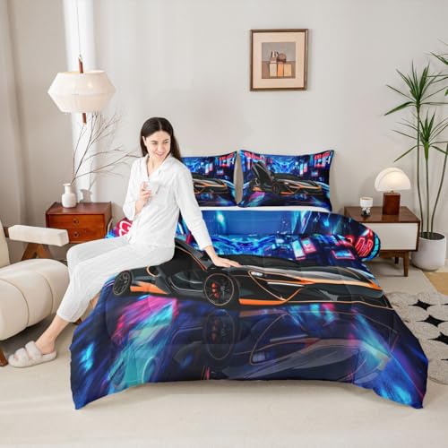Image of Feelyou Race Car Comforter Set - Black Speed Sports Car Bedding for Kids - King Size Boys - 1 Comforter Set with 2 Pillowcases
