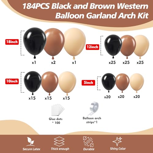Image of Black and Brown Balloons Arch Kit - 184Pcs Black Brown Nude Balloon Garland Kit for Western Cowboy Baby Shower Boy First Rodeo Wild West Country Birthday Farm Fiesta Theme Party Decorations