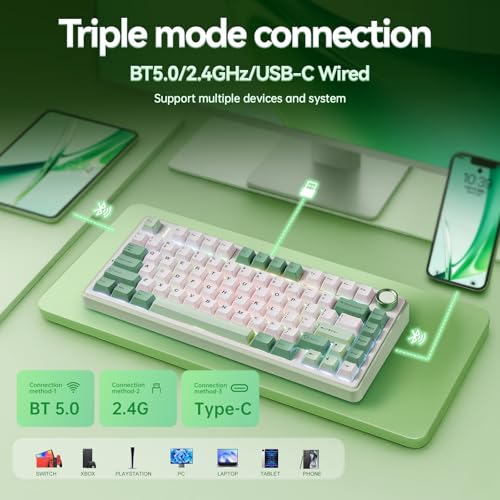 Image of Aula F75 Gaming Keyboard, 75% Wireless Keyboards RGB Backlit with Knob, Tri-Mode Hot Swappable Mechanical Keyboard for PC Gamer - Green
