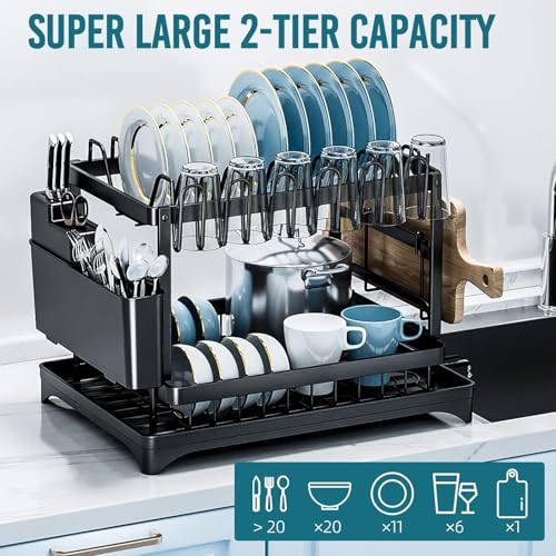 Image of TAILI Dish Drying Rack for Kitchen Counter with Drainboard, Large 2 Tier Dish Rack and Drainboard Set with Cutlery Holder