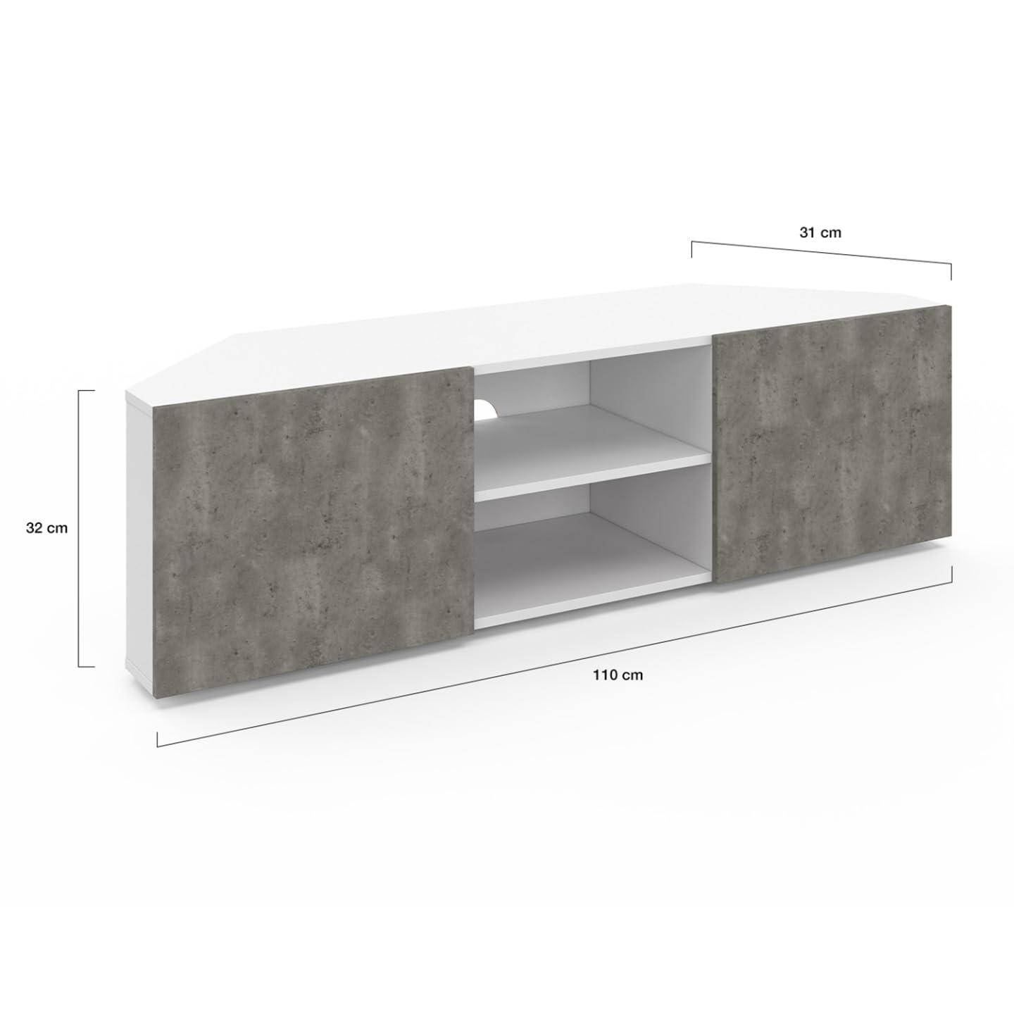 IDMarket - Meuble TV 110 cm d'angle ELI Blanc Portes Effet béton