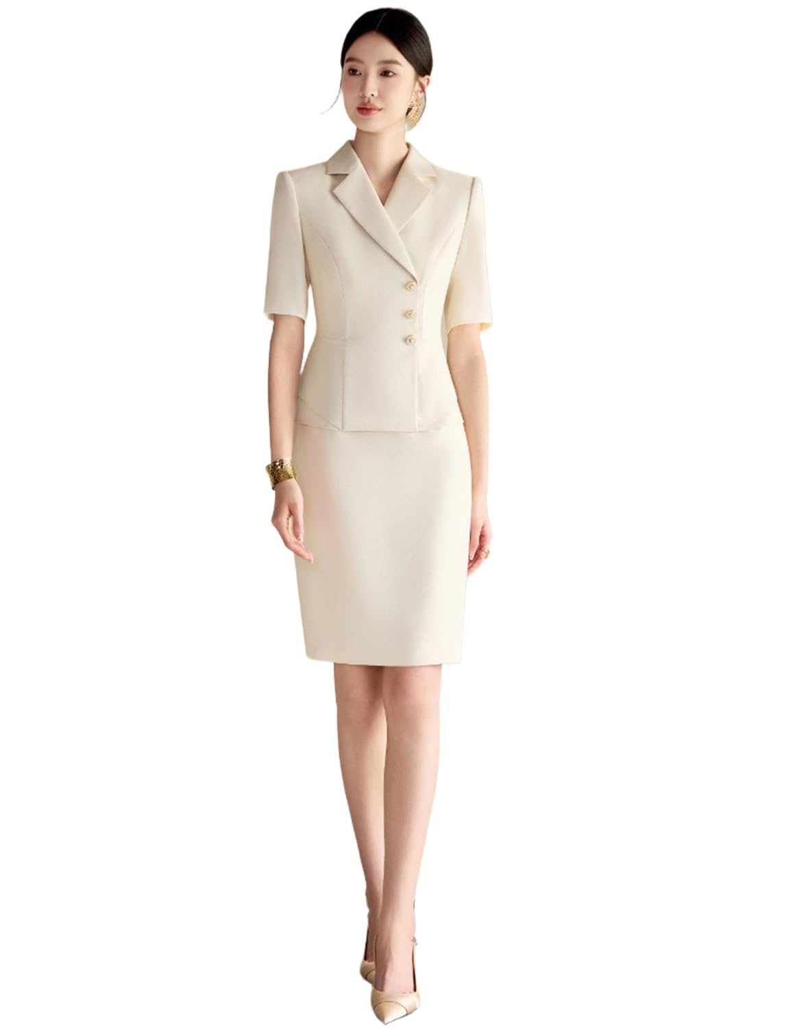 Kromoc Womens Two-Piece Short-Sleeved Jacket Skirt Set Three Buttons Notch Lapel Formal Tuxedos Business