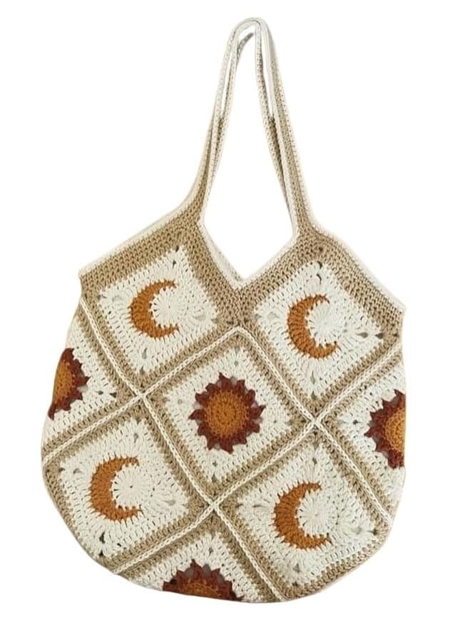 Handmade Crochet Women's Tote Bag, Granny Square Design, Moon & Star Pattern, Ideal Office & Party Bag, Wrist & Shoulder Comfort, Aesthetic Everyday Purse-image-28