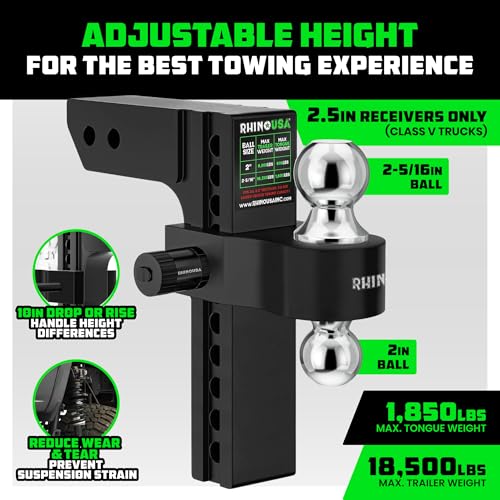 Image of Rhino USA Adjustable Trailer Hitch (Fits 2.5-Inch Receiver)-Heavy Duty Aluminum Tow Hitches with 10-Inch Drop /Rise for Truck (18,500 LBS GTW)- Weatherproof Double Anti-Theft Locking Hitch Pins (Black)