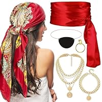 Qaestuan 6 Pezzi Costume da Pirata da Donna, con Bandana da Pirata, Fusciacca, Collana, Bracciale, Copriocchio, Orecchino, per Carnevale, Halloween, Cosplay Accessori