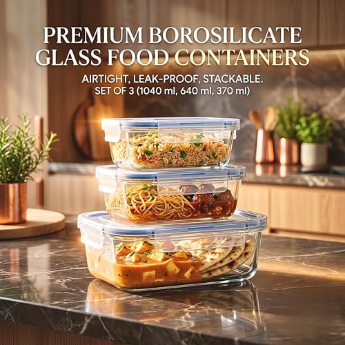 Image of Altitude Borosilicate Glass Lunch Box Set with Bag & Jar, Set of 3 Leakproof Airtight Glass Food Storage Containers 370ml 640ml 1040ml, Microwave Oven Freezer Dishwasher Safe Tiffin Box