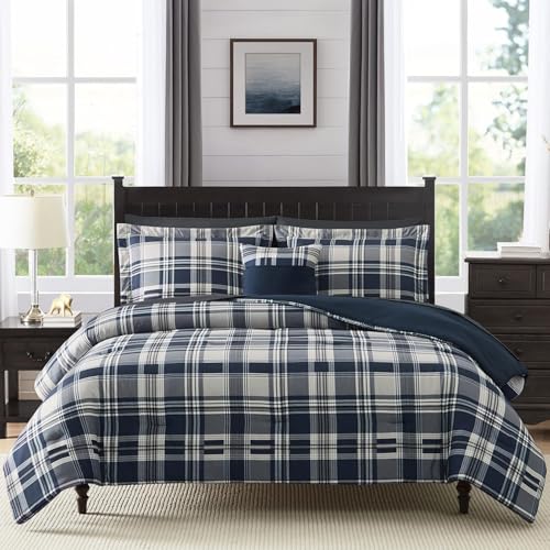 Image of MaiReve Queen Size Comforter Set Navy Blue, Classic Plaid Farmhouse 7 Pieces Bedding Set, All Season Lightweight Bed in a Bag with Sheets, Pillowcases & Shams