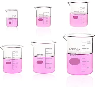 Labvida 6 Size Low Form Glass Beaker Set, 25ml 50ml 100ml 250ml 500ml 1000ml, 3.3 Borosilicate with Printed Graduation, LVA019