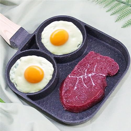 Image of KRESHU Non Stick Medical Stone 3 Holes Frying Pan 3-in-1 Breakfast Egg Omelette Pan with Bakelite Handle Pan for Bacon Kitchen (1-Pcs)