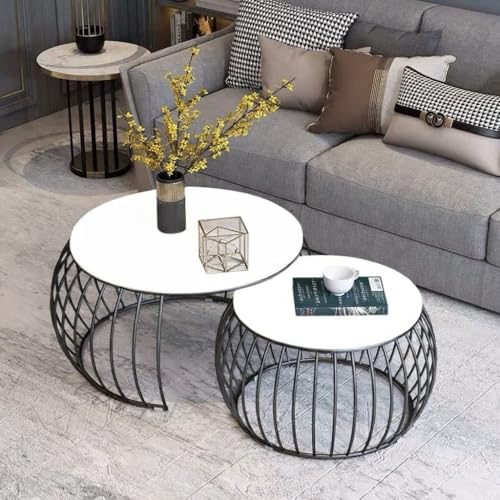Image of Modern Coffee Tables Round Marble Laminated Tables Set of 2, Stacking Couch Center Table with Golden Metal Frame for Living Room, Bedroom or Apartments (Black White)
