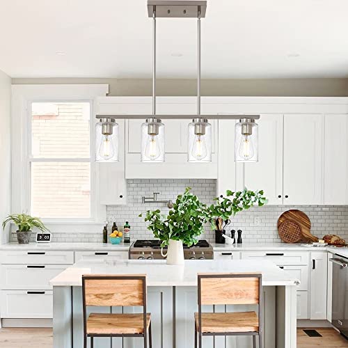 Winshen Kitchen Island Lighting, 4-Light Brushed Nickel Linear Chandelier, 27.5-Inches Rectangle Pendant Light Fixtures With Seeded Glass Shade For Dining Room Pool Table #TOP1