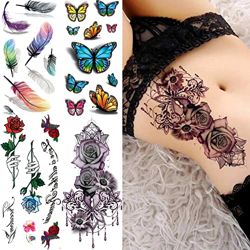 Coktak 56 Sheets Variety Colorful Rose Flowers Temporary Tattoos For Women, Realistic Feather 3D Butterfly Fake Tattoos Temporary For Girls, Sexy Floral Blossom Branch Arm Neck Face Tatoo Sticker Kit #TOP1