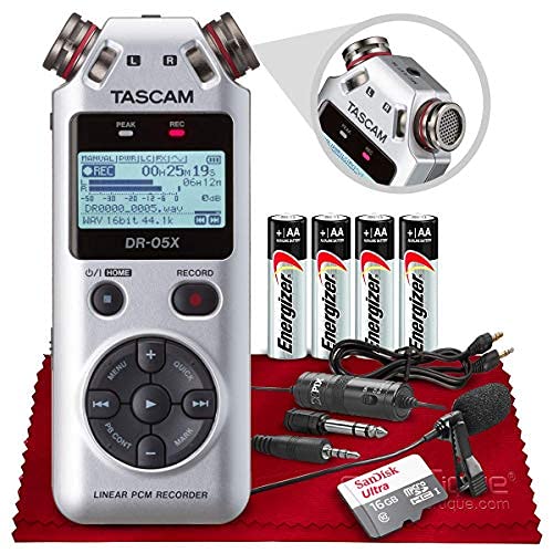 Tascam DR-05X 2-Input / 2-Track Portable Stereo Handheld Digital Audio Recorder w/USB Audio Interface (Silver) + 16GB SD Card, Xpix Lav Microphone, Cable, AA Batteries & Fibertique Microfiber Cloth