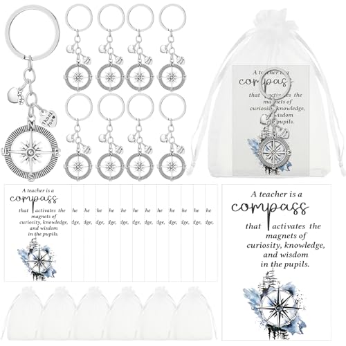 Ferreve 30 Set Christmas Gifts For Teachers Bulk Compass Keychain Teacher Appreciation Keychain With Thank You Cards Organza Bags cover